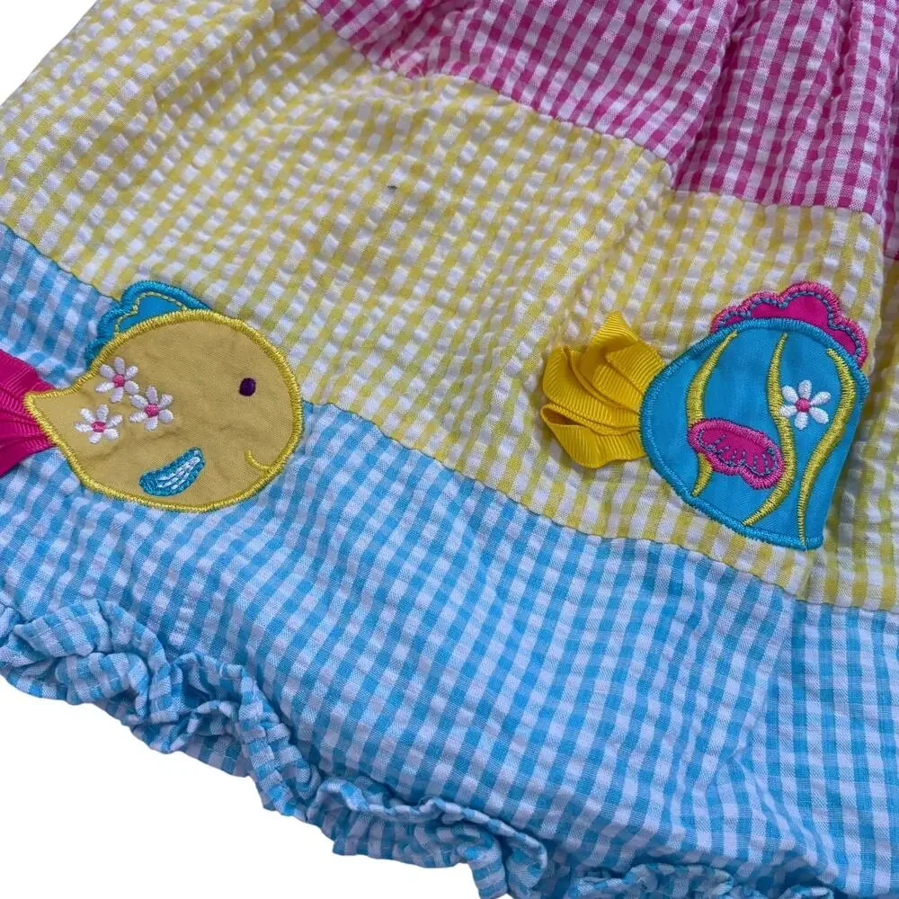 VTG Emily Rose Girls Fish Applique Seersucker Dress 12M Cottagecore Rainbow Bow